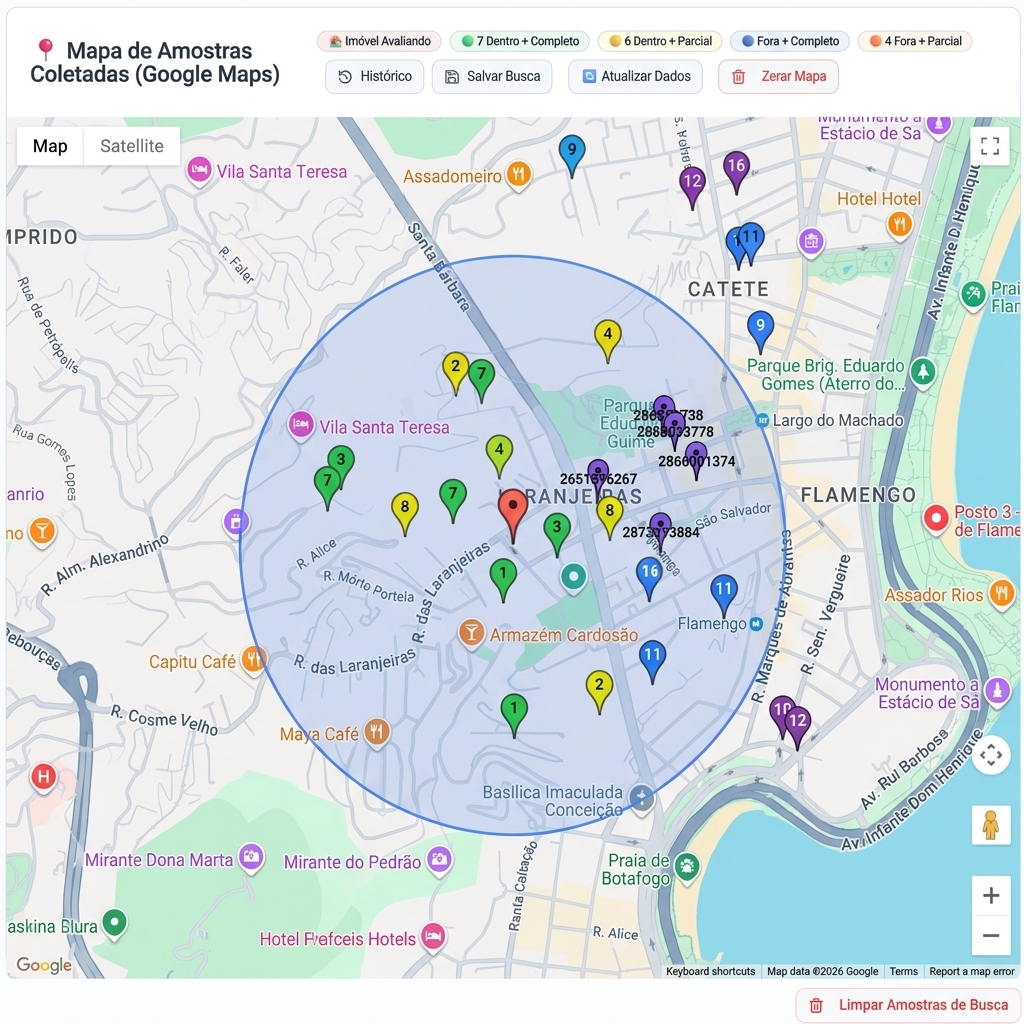 Mapa com pins geolocalizados de amostras